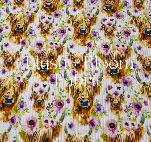 Highland Cows Floral Spring Watercolor Rib Knit Fabric