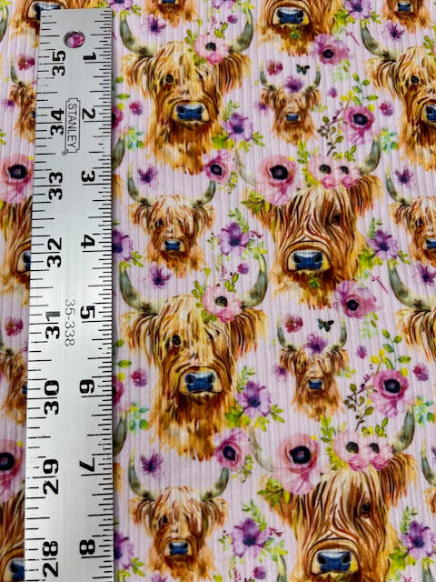 Highland Cows Floral Spring Watercolor Rib Knit Fabric