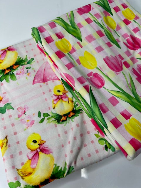 Spring Tulips on Gingham DBP Fabric, Stretchy and Soft DBP Fabric