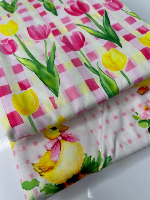 Spring Tulips on Gingham DBP Fabric, Stretchy and Soft DBP Fabric