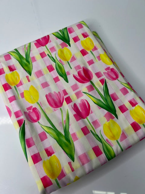 Spring Tulips on Gingham DBP Fabric, Stretchy and Soft DBP Fabric