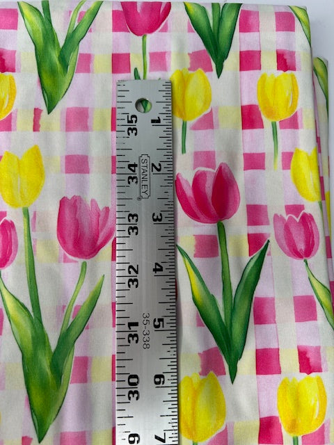 Spring Tulips on Gingham DBP Fabric, Stretchy and Soft DBP Fabric