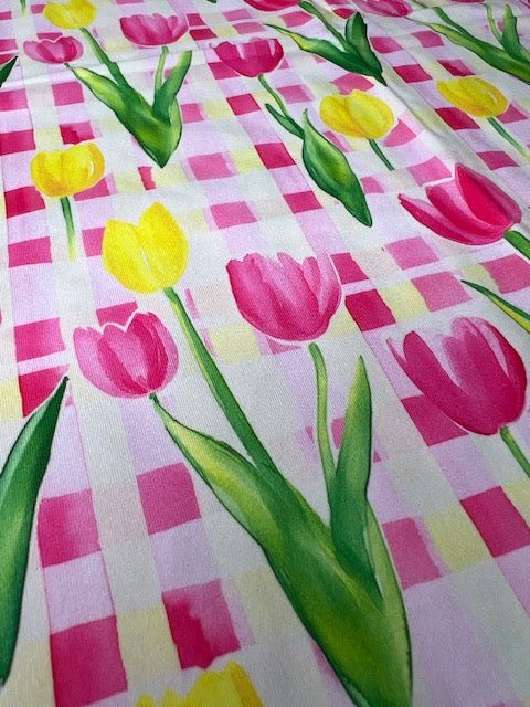 Spring Tulips on Gingham DBP Fabric, Stretchy and Soft DBP Fabric