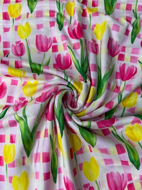 Spring Tulips on Gingham DBP Fabric, Stretchy and Soft DBP Fabric
