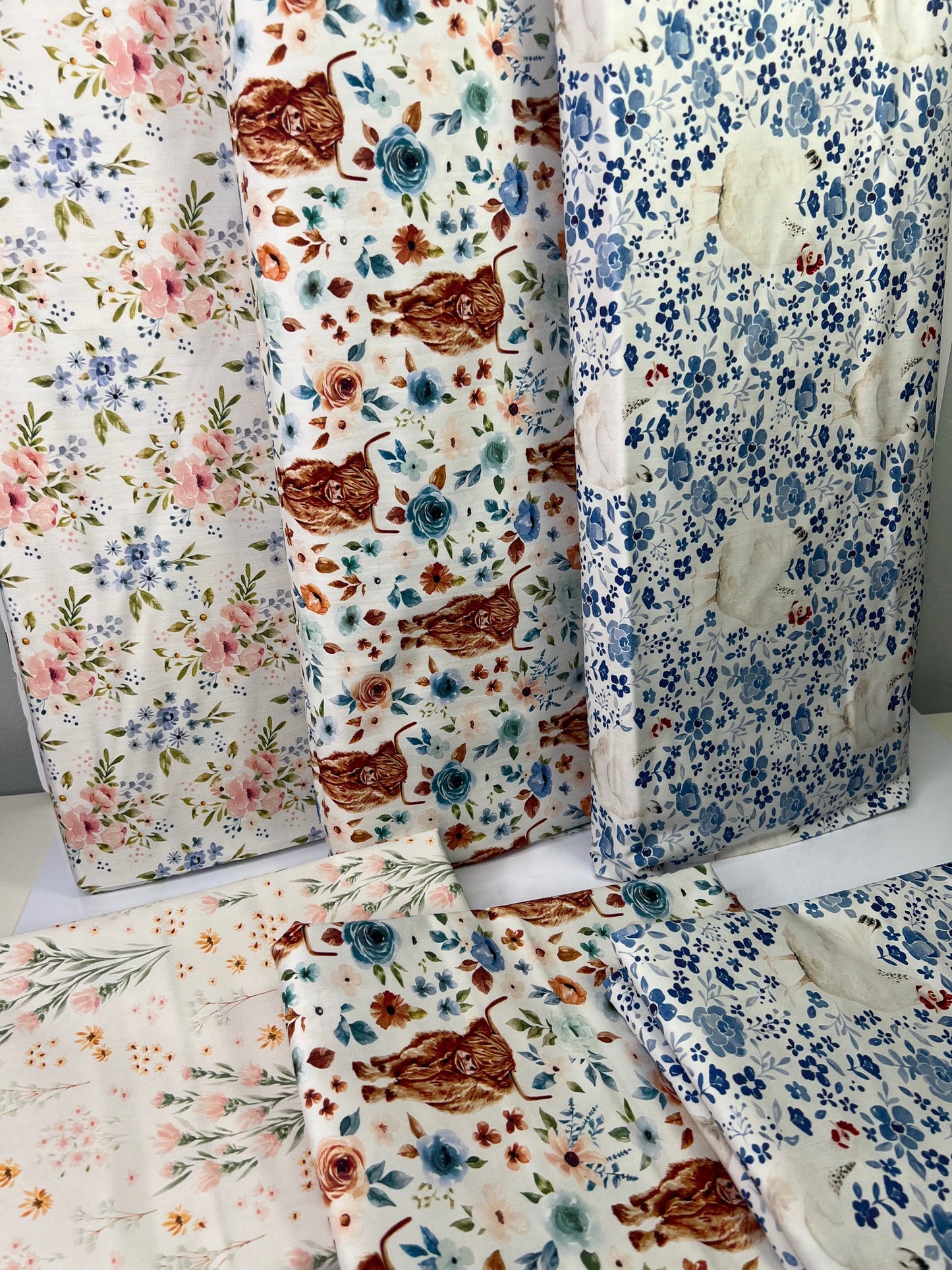 Floral Blue Chickens 100% Cotton, Cate & Rainn Farm & Meadows Country Chickens Cotton Fabric