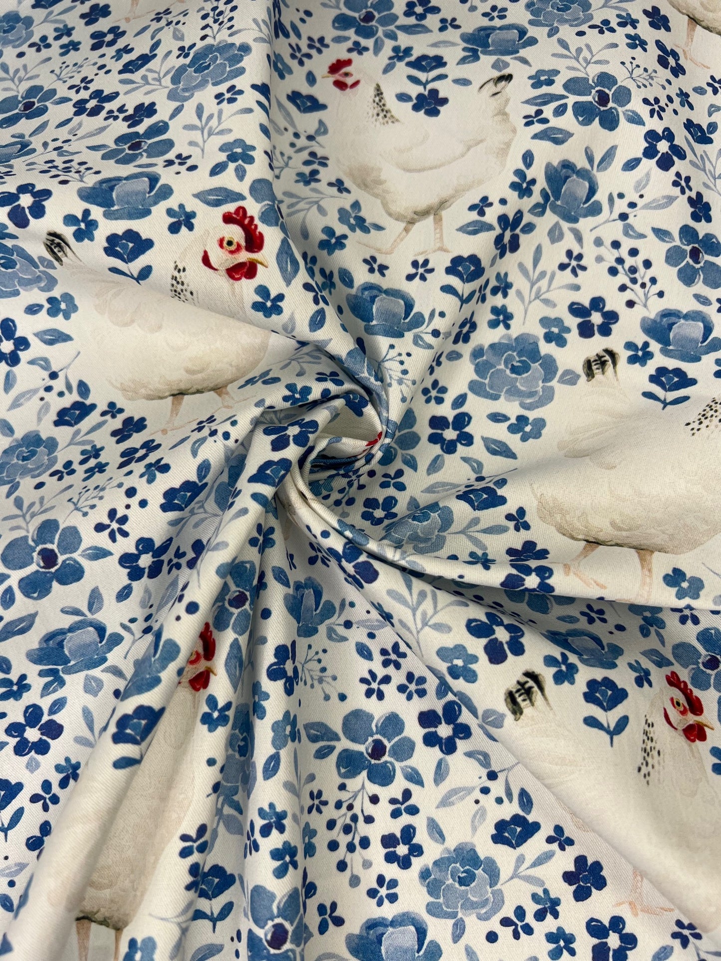 Floral Blue Chickens 100% Cotton, Cate & Rainn Farm & Meadows Country Chickens Cotton Fabric