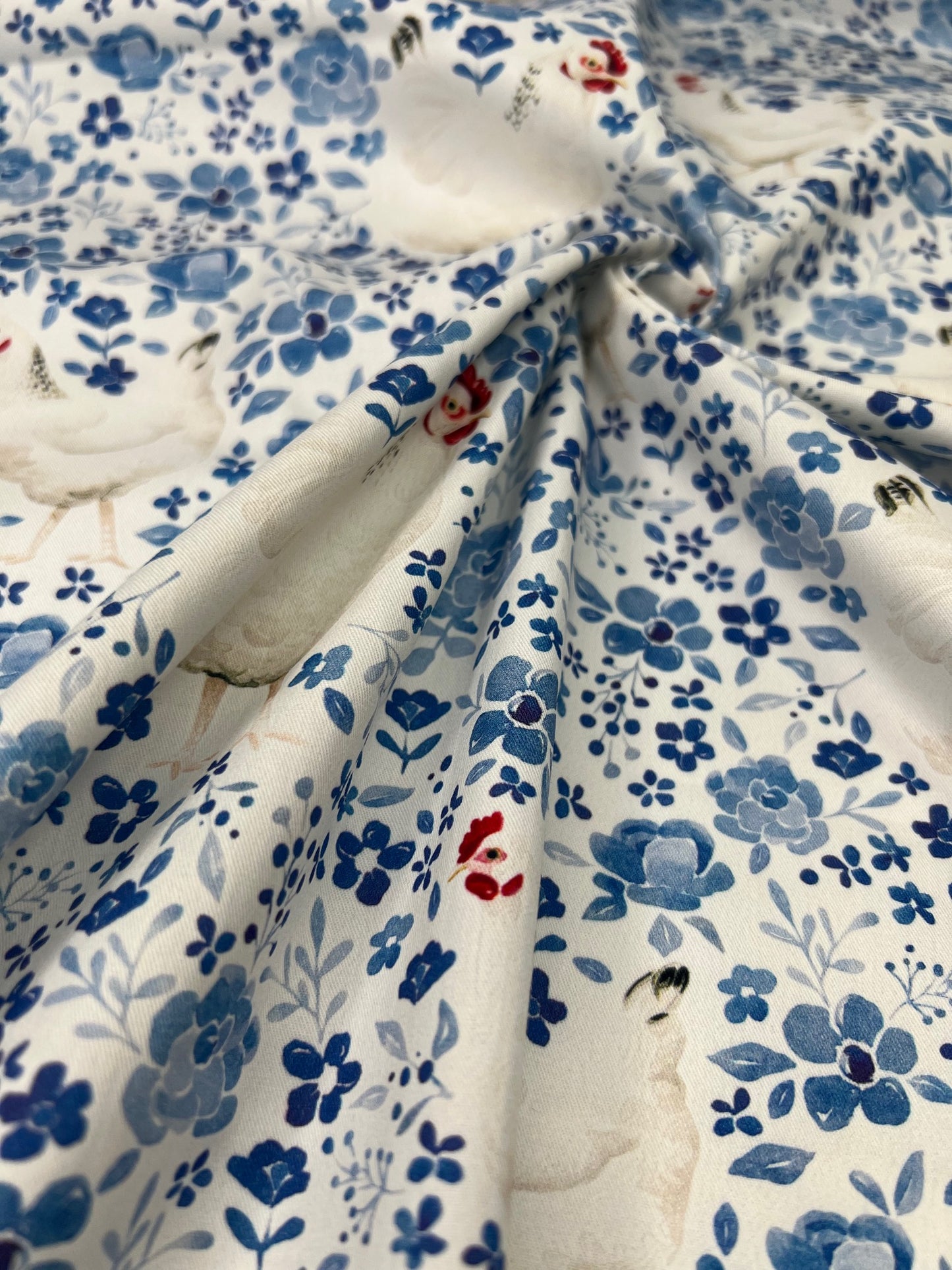 Floral Blue Chickens 100% Cotton, Cate & Rainn Farm & Meadows Country Chickens Cotton Fabric