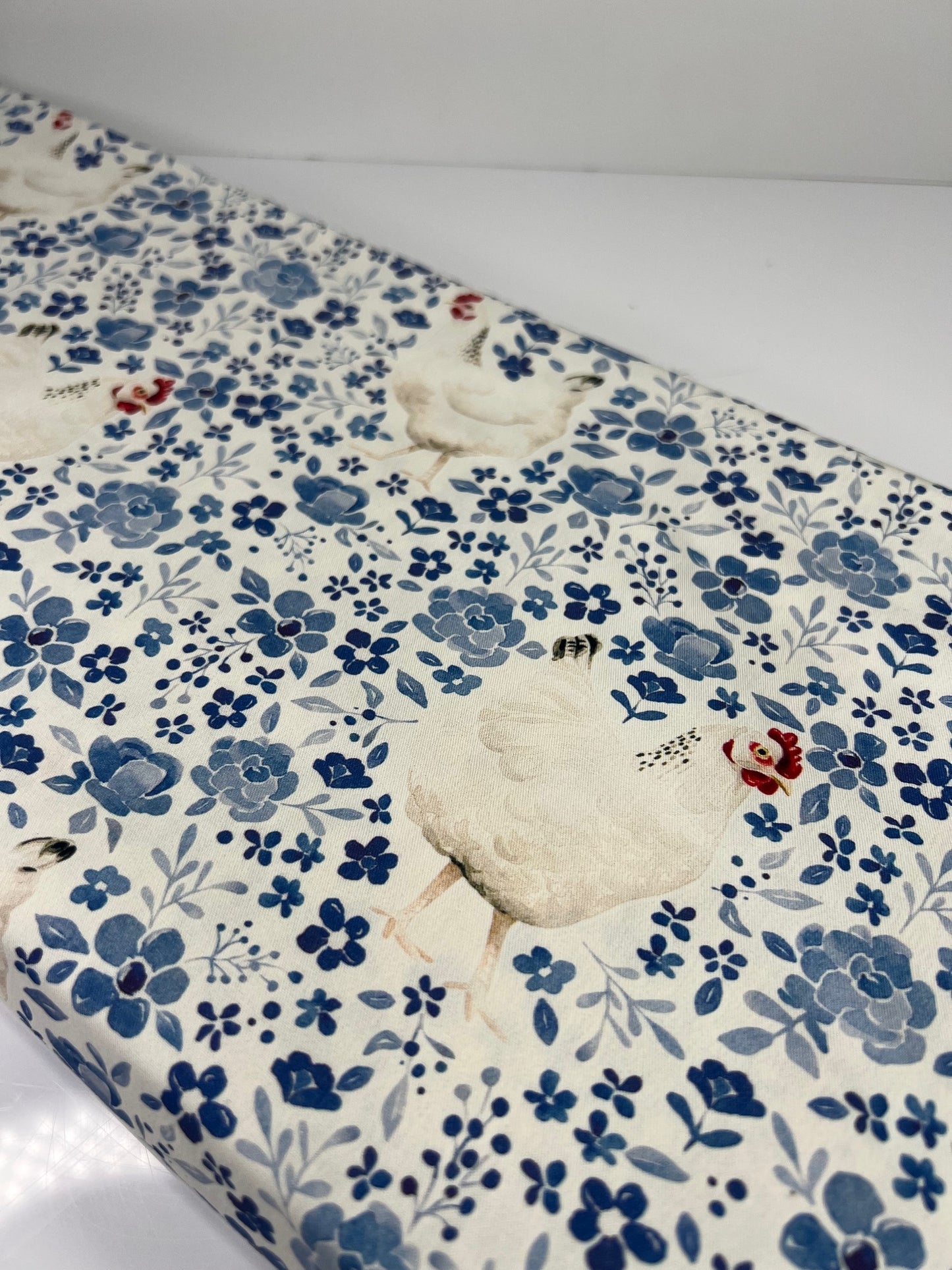 Floral Blue Chickens 100% Cotton, Cate & Rainn Farm & Meadows Country Chickens Cotton Fabric