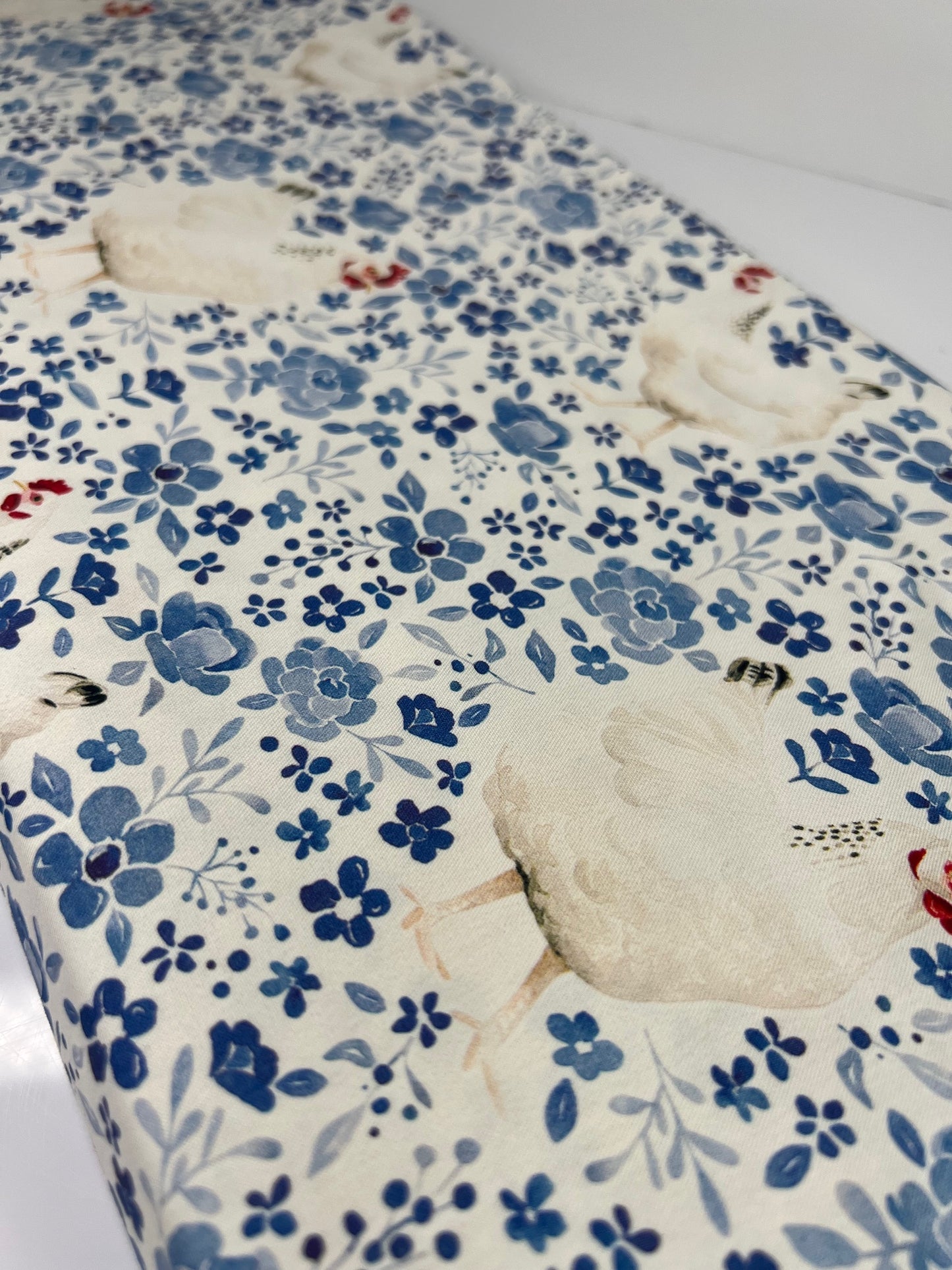 Floral Blue Chickens 100% Cotton, Cate & Rainn Farm & Meadows Country Chickens Cotton Fabric