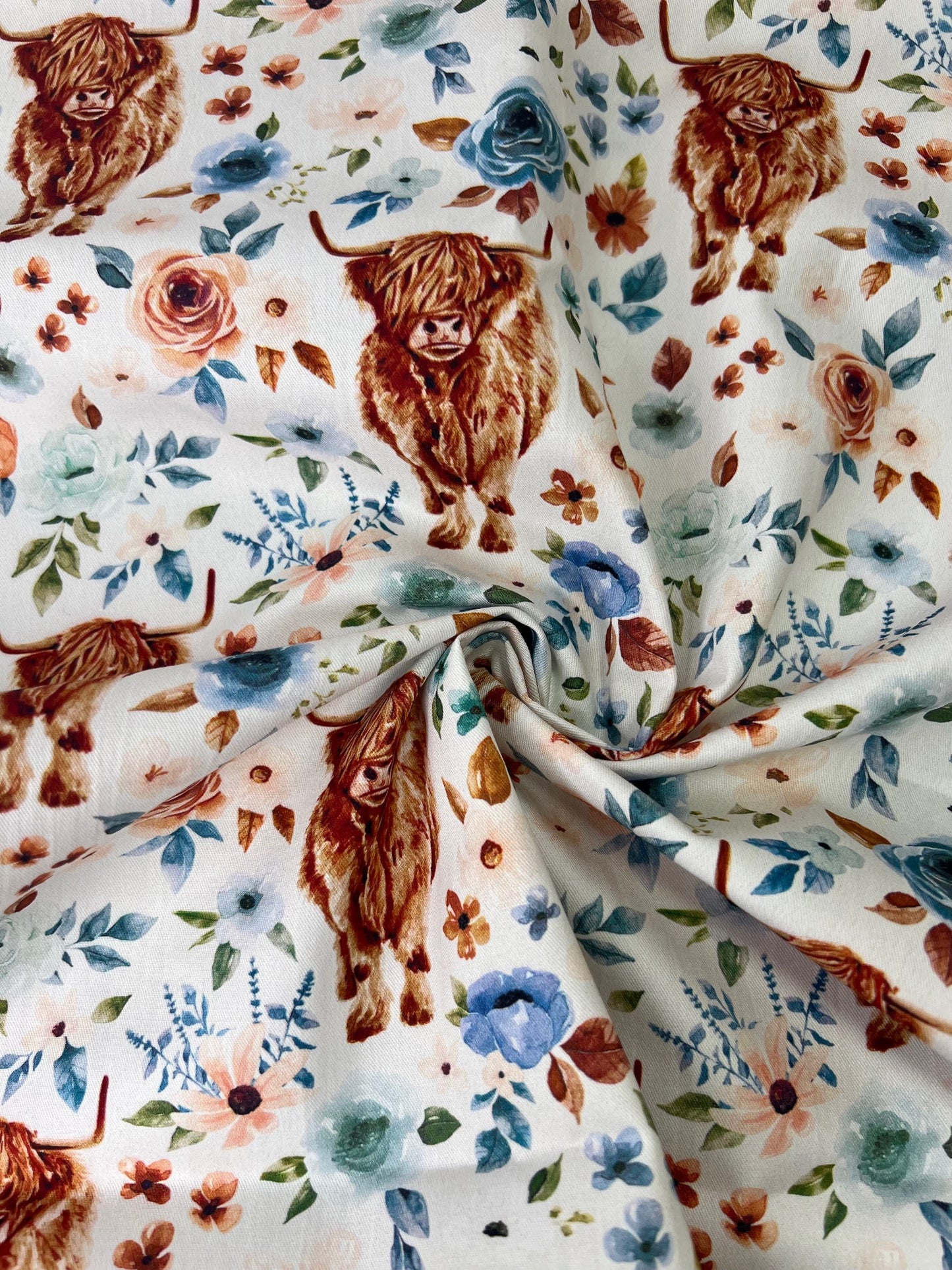 Floral Highland Cows 100% Cotton, Cate & Rainn Highland Cow Floral Cotton Fabric, Quilting Cotton