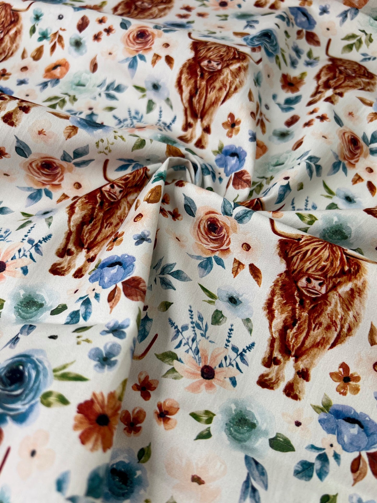 Floral Highland Cows 100% Cotton, Cate & Rainn Highland Cow Floral Cotton Fabric, Quilting Cotton