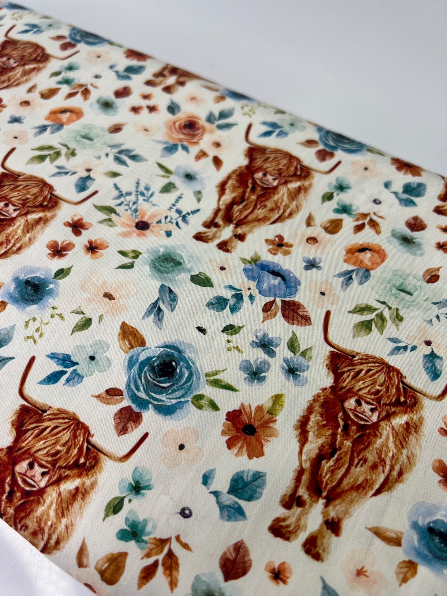 Floral Highland Cows 100% Cotton, Cate & Rainn Highland Cow Floral Cotton Fabric, Quilting Cotton