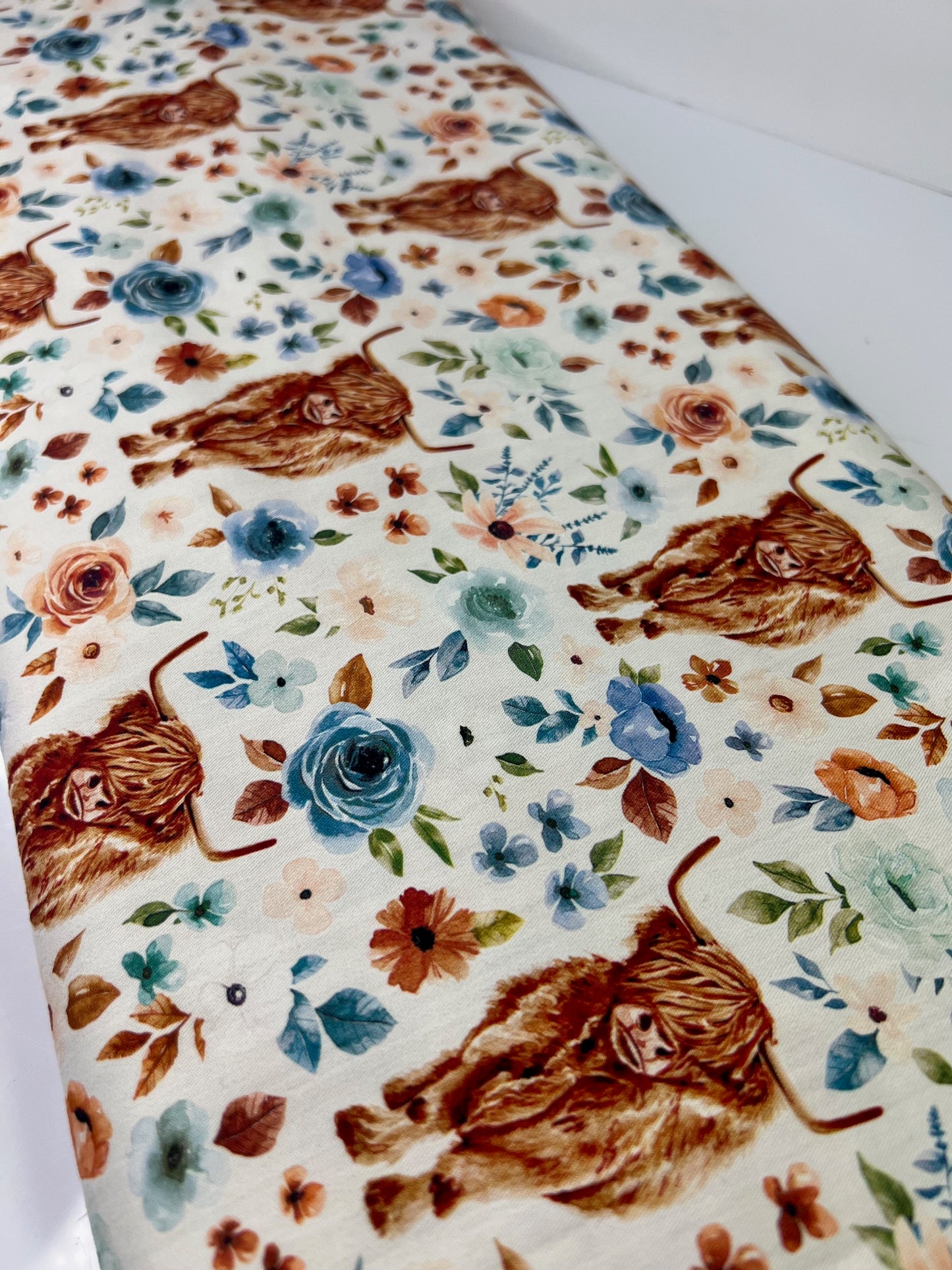Floral Highland Cows 100% Cotton, Cate & Rainn Highland Cow Floral Cotton Fabric, Quilting Cotton