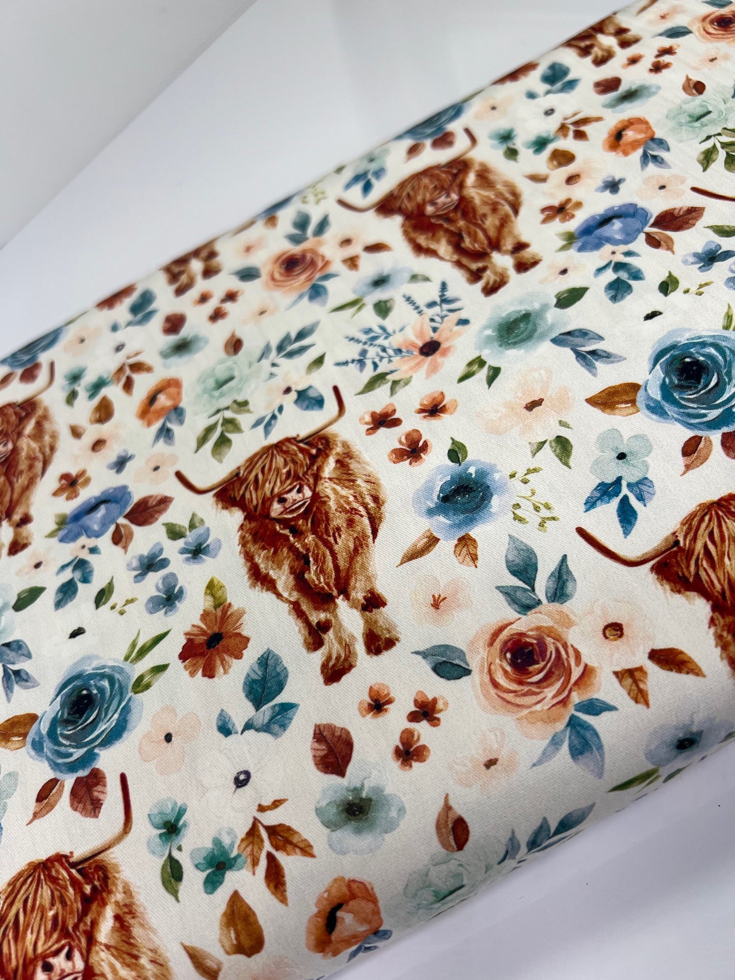 Floral Highland Cows 100% Cotton, Cate & Rainn Highland Cow Floral Cotton Fabric, Quilting Cotton