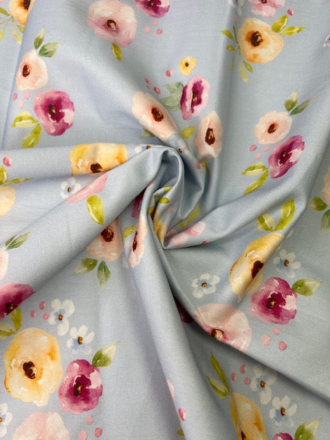 Melody Simple Floral Blue 100% Cotton, Cate & Rainn Melody Simple Floral Blue Cotton Fabric, Quilting Cotton