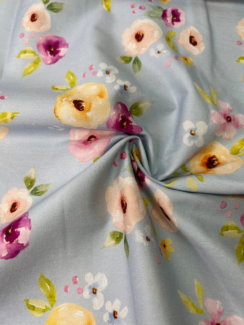 Melody Simple Floral Blue 100% Cotton, Cate & Rainn Melody Simple Floral Blue Cotton Fabric, Quilting Cotton