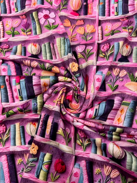 Bookish Fabric, Book Lover's DBP Fabric, Soft Floral Bookshelf DBP Fabric - Faux Embroidery Knit