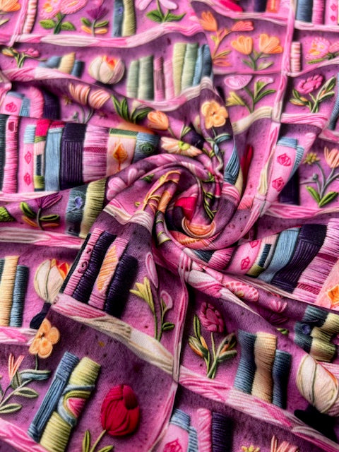 Bookish Fabric, Book Lover's DBP Fabric, Soft Floral Bookshelf DBP Fabric - Faux Embroidery Knit