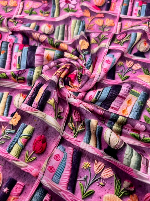 Bookish Fabric, Book Lover's DBP Fabric, Soft Floral Bookshelf DBP Fabric - Faux Embroidery Knit