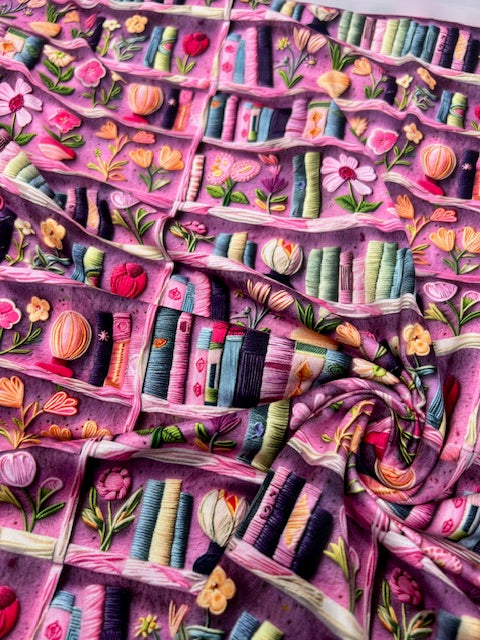 Bookish Fabric, Book Lover's DBP Fabric, Soft Floral Bookshelf DBP Fabric - Faux Embroidery Knit