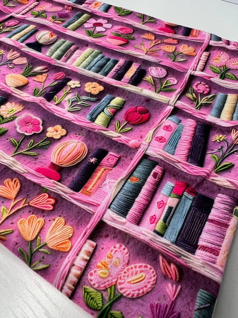 Bookish Fabric, Book Lover's DBP Fabric, Soft Floral Bookshelf DBP Fabric - Faux Embroidery Knit