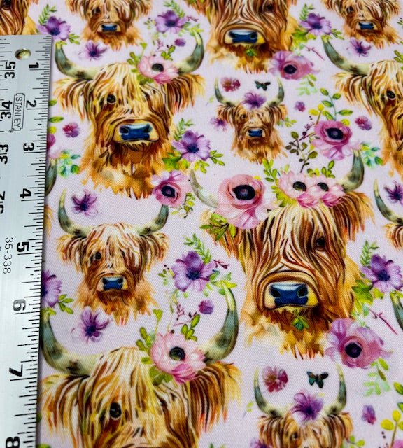 Highland Cows Floral Spring Watercolor Brushed Twill Fabric