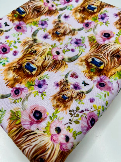 Highland Cows Floral Spring Watercolor Brushed Twill Fabric
