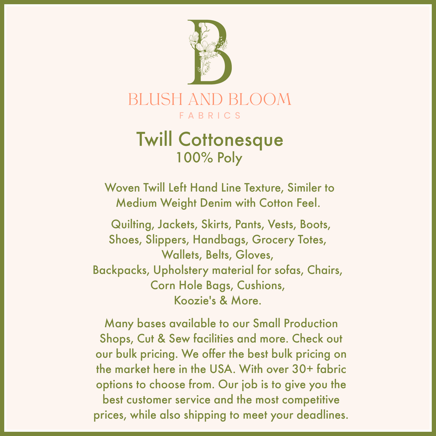 Twill Cottonesque Wholesale Fabric, Large Production Fabric Printing, Custom Fabric Bulk Pricing 10+ Yards