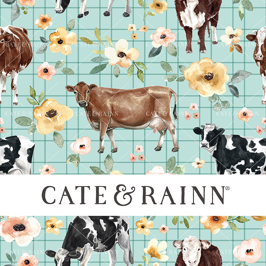 Cate and Rainn Sunrise Floral Cows Blue Pinstripe Fabric