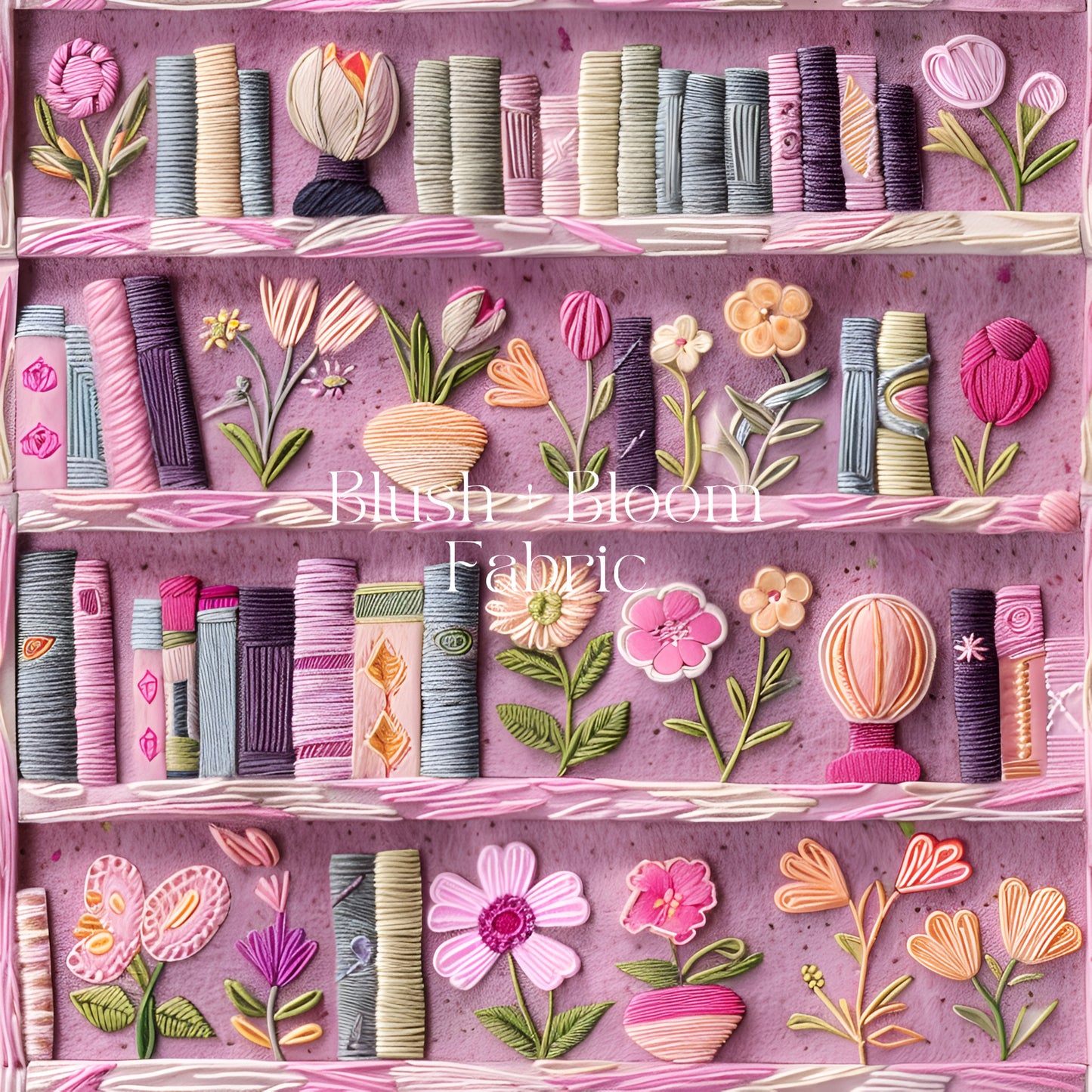 Bookish Fabric, Book Lover's DBP Fabric, Soft Floral Bookshelf DBP Fabric - Faux Embroidery Knit