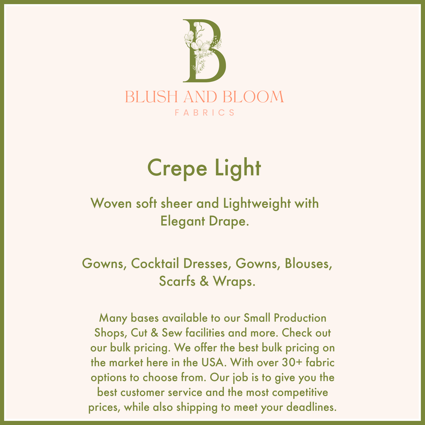 Wholesale Crepe Light, Large Production Fabric Printing, Custom Fabric Bulk Pricing 10+ Yards