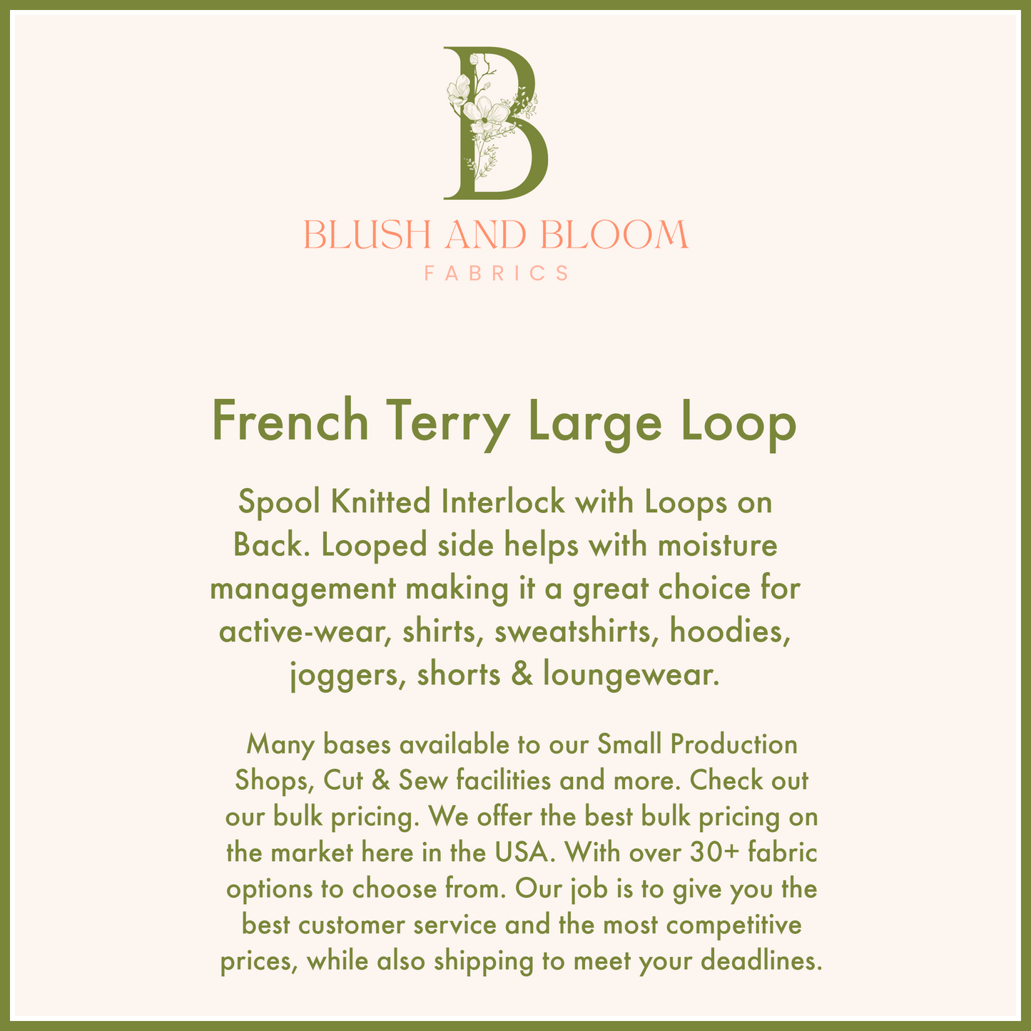 Wholesale French Terry Large Loop, Large Production Fabric Printing, Custom Fabric Bulk Pricing 10+ Yards