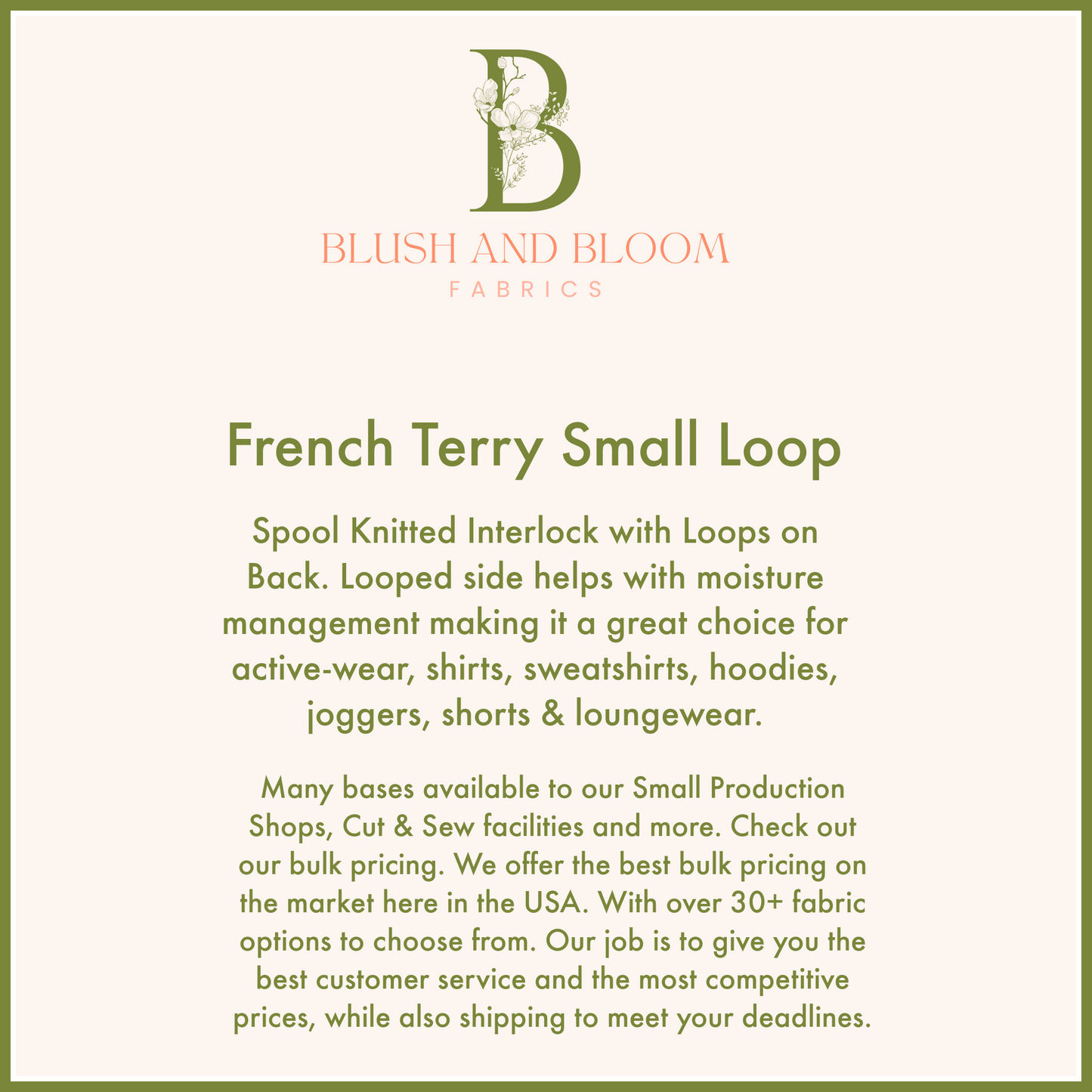 Wholesale French Terry Small Loop, Large Production Fabric Printing, Custom Fabric Bulk Pricing 10+ Yards