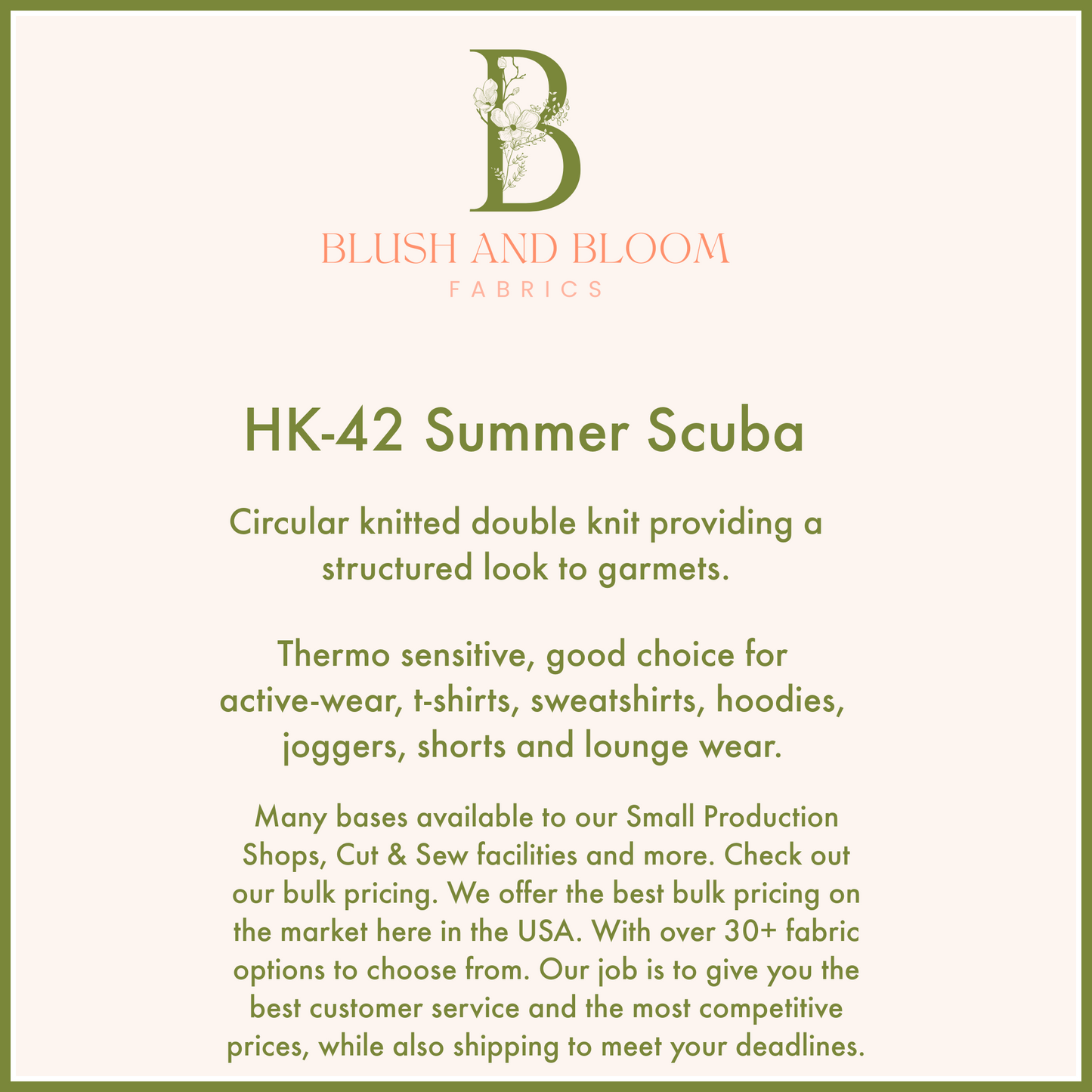 HK 42 Summer Scuba, Large Production Fabric Printing, Custom Fabric Bulk Pricing 10+ Yards