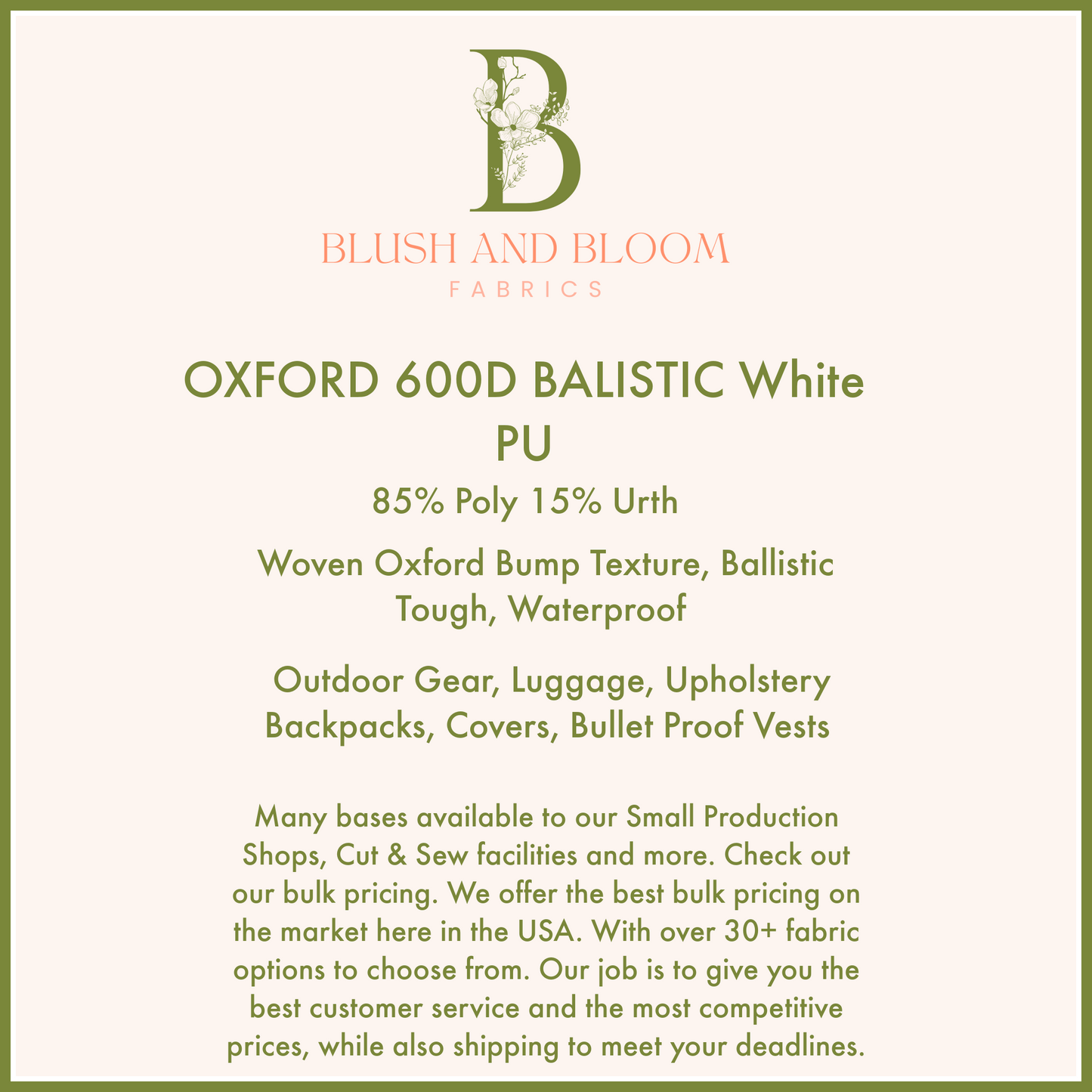 OXFORD 600D BALISTIC WHITE PU Wholesale, Large Production Fabric Printing, Custom Fabric Bulk Pricing 10+ Yards