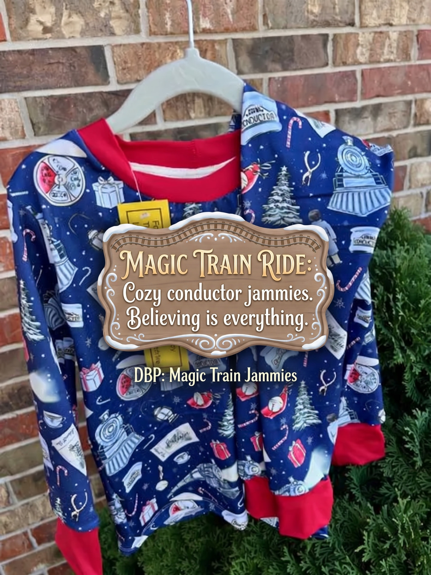 Handmade kids Christmas magic train conductor pajama set sewn from double brushed poly knit fabric