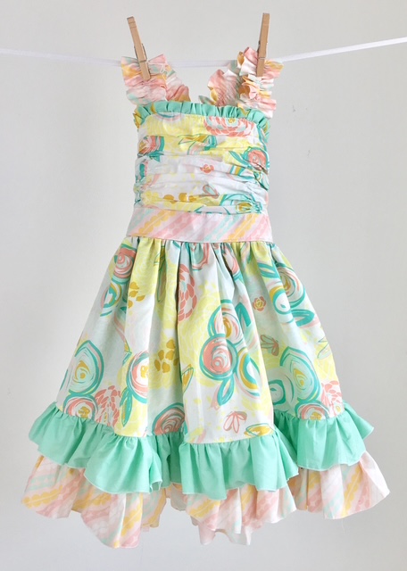 Yellow and mint floral cotton heirloom dress with tiered ruffles in soft quilting cotton