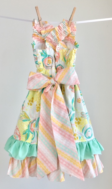 Pastel watercolor floral quilting cotton twirl dress with sash bow and mint ruffle hem