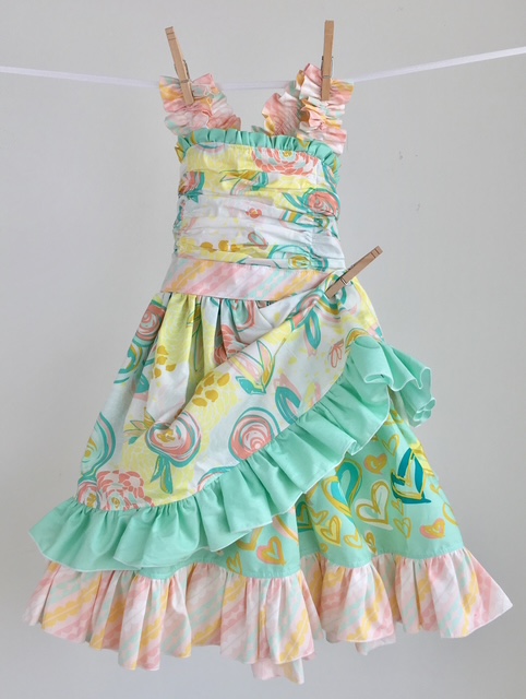 Mint and peach floral quilting cotton ruffle dress sewn from premium woven cotton yardage