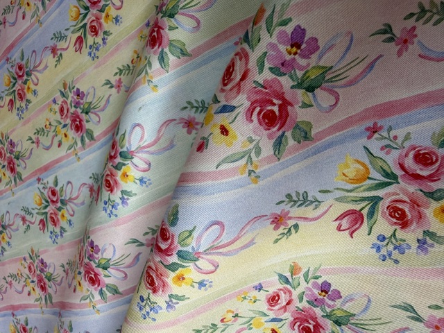 Pastel ribbon and rose bouquet stripe 100% quilting cotton fabric by the yard