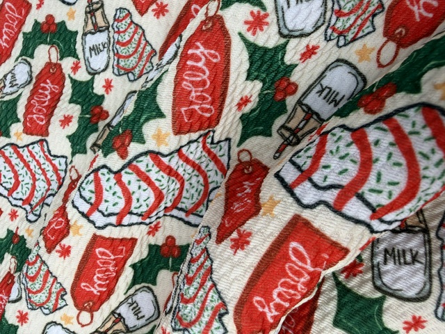 Christmas tree cakes and milk bottle holiday print fabric