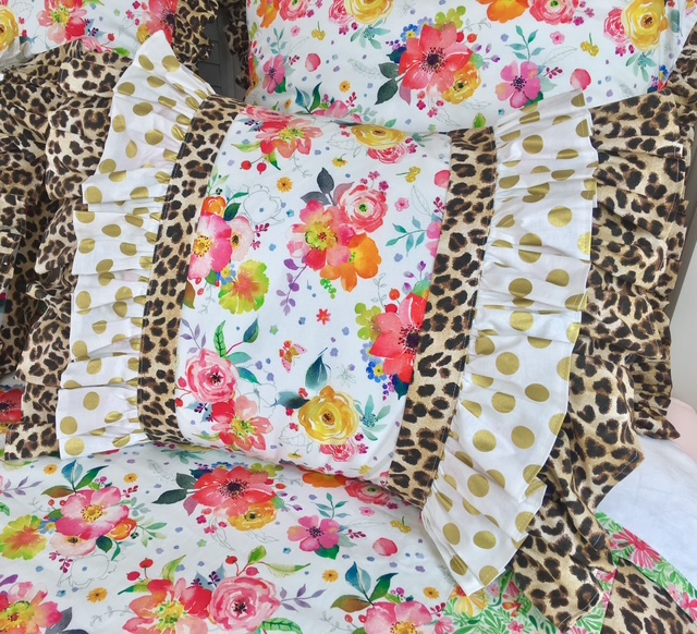 Floral and leopard quilting cotton ruffle pillows and handmade cotton home decor keepsakes