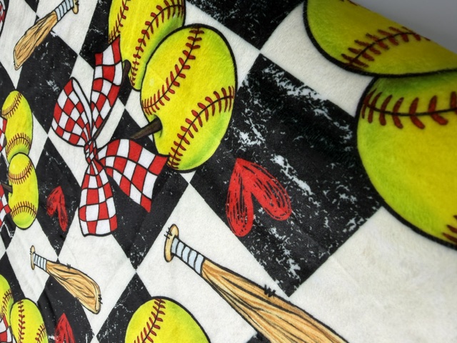 Softball, bats and checkered bow game day print fabric