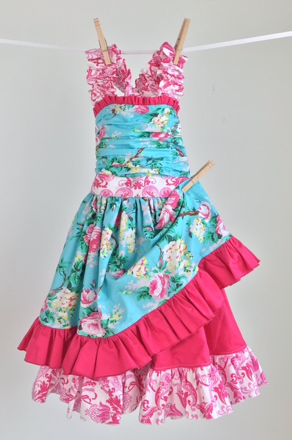 Aqua and hot pink floral quilting cotton twirl dress with layered ruffles for boutique sewing