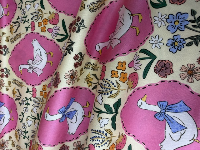 Pink vintage goose and strawberry cottagecore 100% quilting cotton fabric by the yard