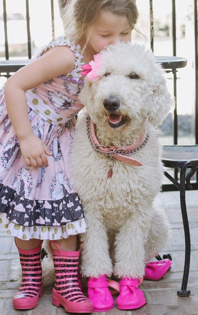 Little girl wearing a handmade quilting cotton print dress with her goldendoodle