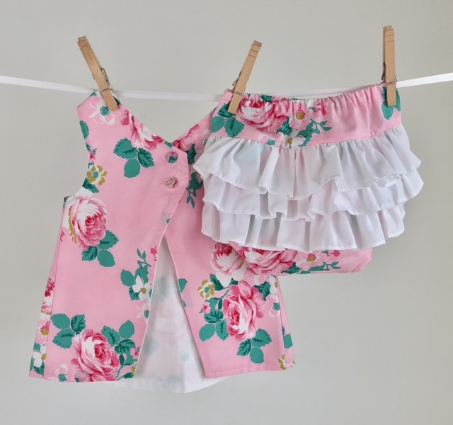 Pink floral quilting cotton pinafore dress and white ruffle bloomers made from 100% woven cotton fabric