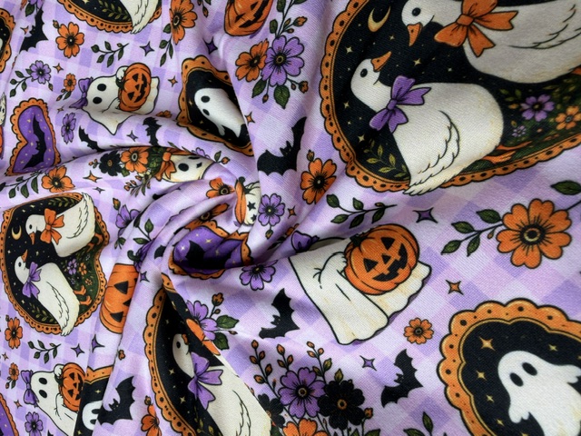 Purple gingham spooky ducks, ghosts and pumpkins print fabric