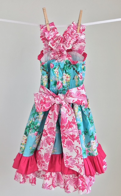 Pink and aqua floral damask 100% quilting cotton twirl dress with double ruffle skirt