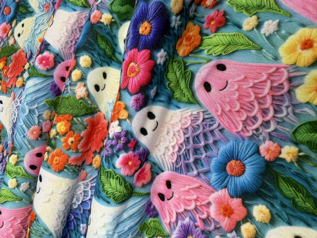 Embroidered-look pastel ghost and floral print double brushed poly fabric
